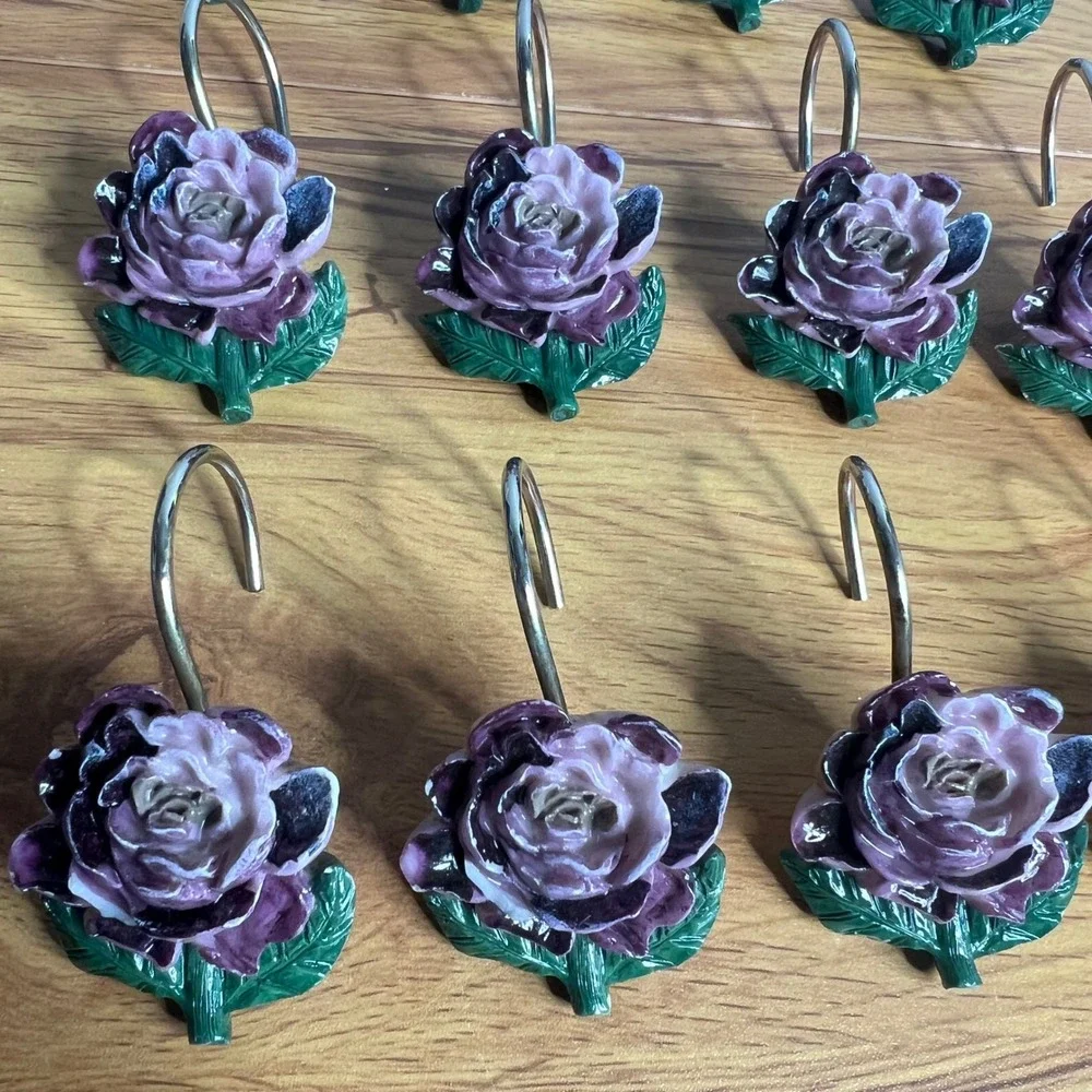 Vintage Bordeaux Floral Resin‎ Shower Hooks Set of 12 Purple Cottage Shabby Chic
